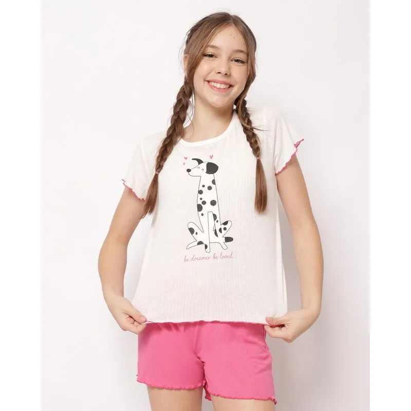 Pijama Juvenil Curto Canelado com Estampa Cachorro Frufru Rosa 14