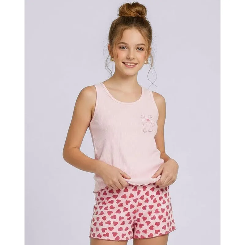 Pijama Regata Juvenil Canelado Coração Rosa 16