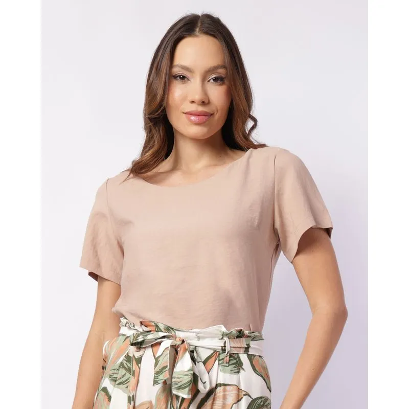 Blusa Feminina Viscose Decote Canoa Manga Curta Bege M