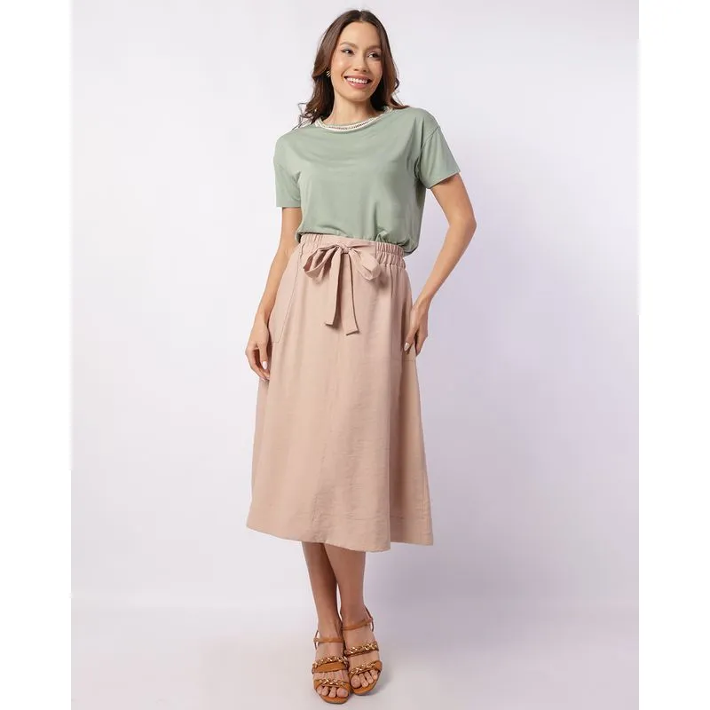 Saia Feminina Midi Viscose com Bolso Chapado Laço Bege GG