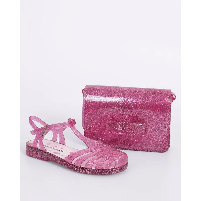 Sandália Infantil Charmosinha Chic com Fivela Glitter+ Brinde Bolsa Rosa 27/28