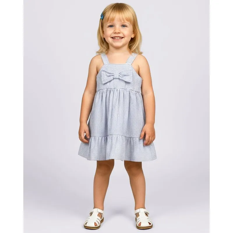 Vestido Bebê Curto Laço Frontal Babado Listrado Azul 3