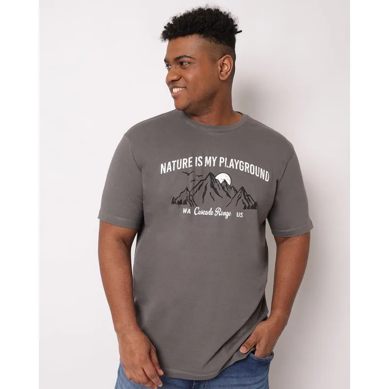 Camiseta Plus Size Masculina Algodão Estampa Manga Curta Cinza G2