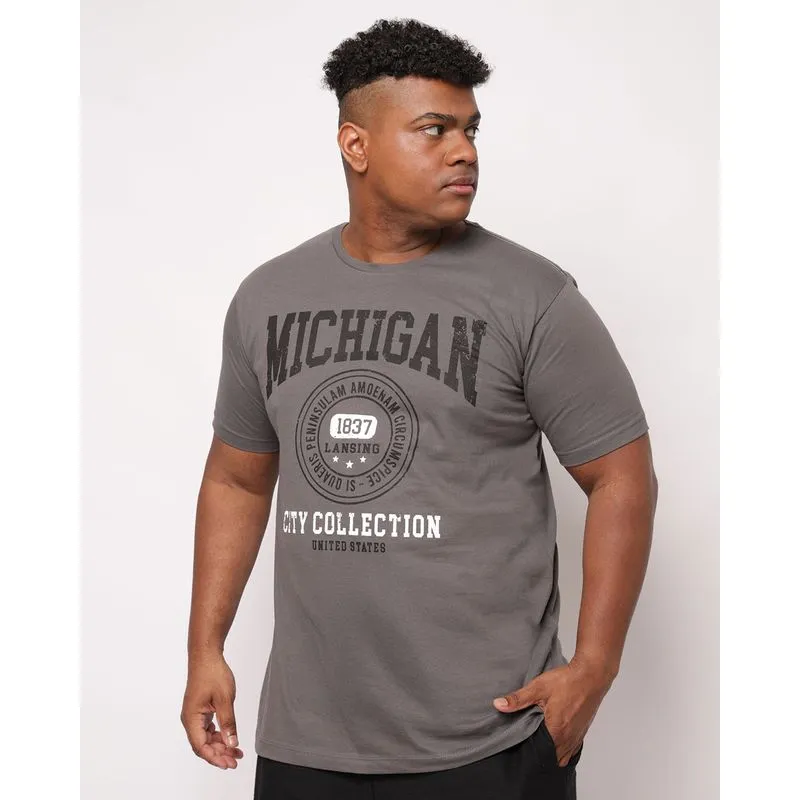 Camiseta Plus Size Masculina Algodão Estampa Frontal Cinza G2