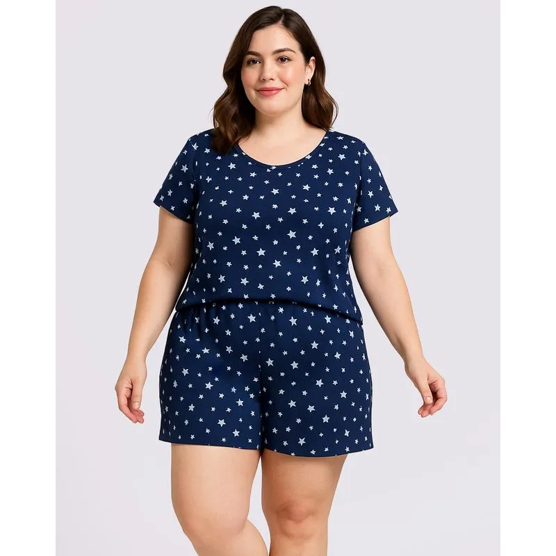 Pijama Plus Size Feminino Curto Liganete Estampado Marinho 48
