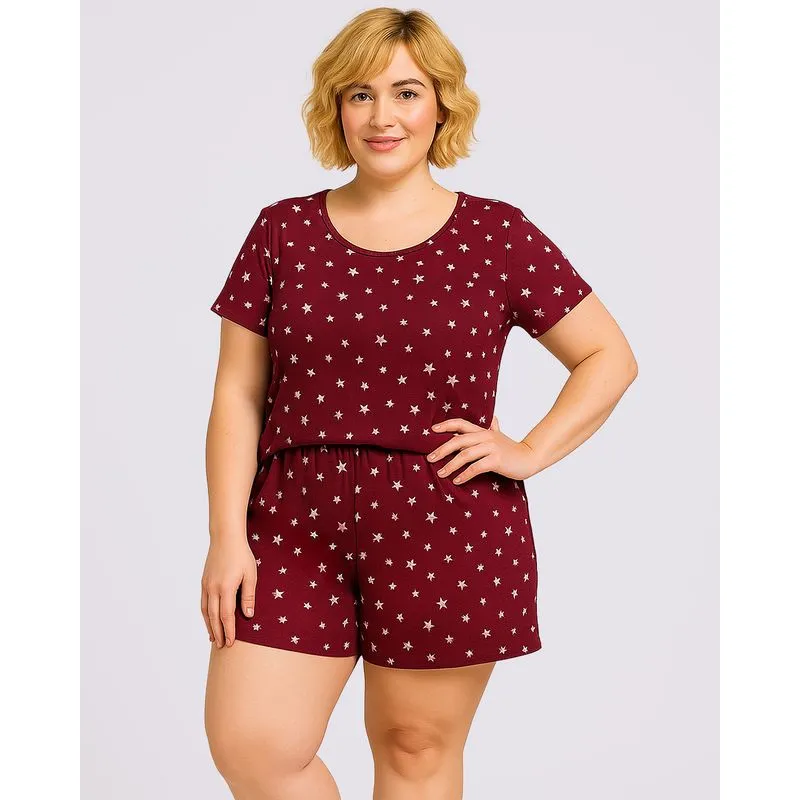 Pijama Plus Size Feminino Curto Liganete Estampado Vinho 52