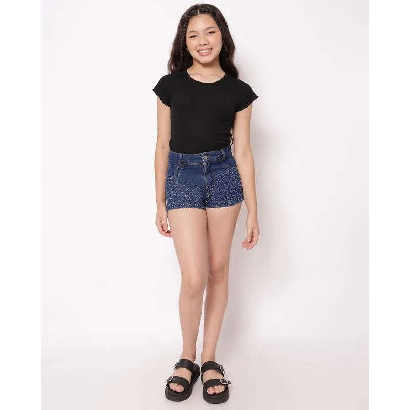 Short Jeans Juvenil Curto com Aplicação de Brilhos Azul UN