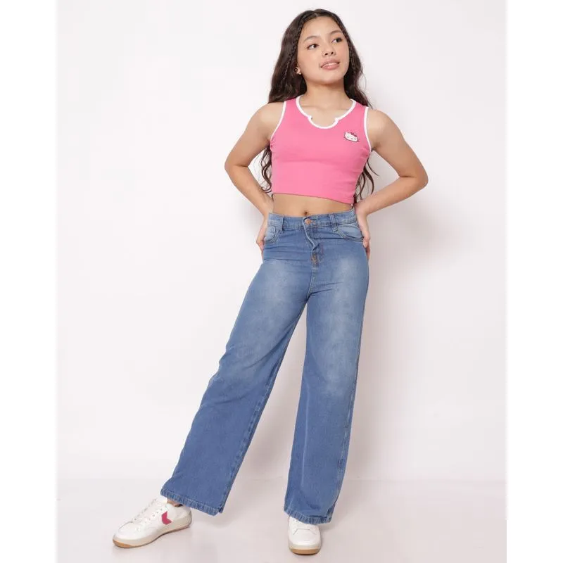 Calça Jeans Juvenil Wide Leg Estonada Azul 8