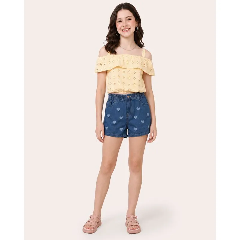 Short Jeans Juvenil Estampa Corações Azul 18