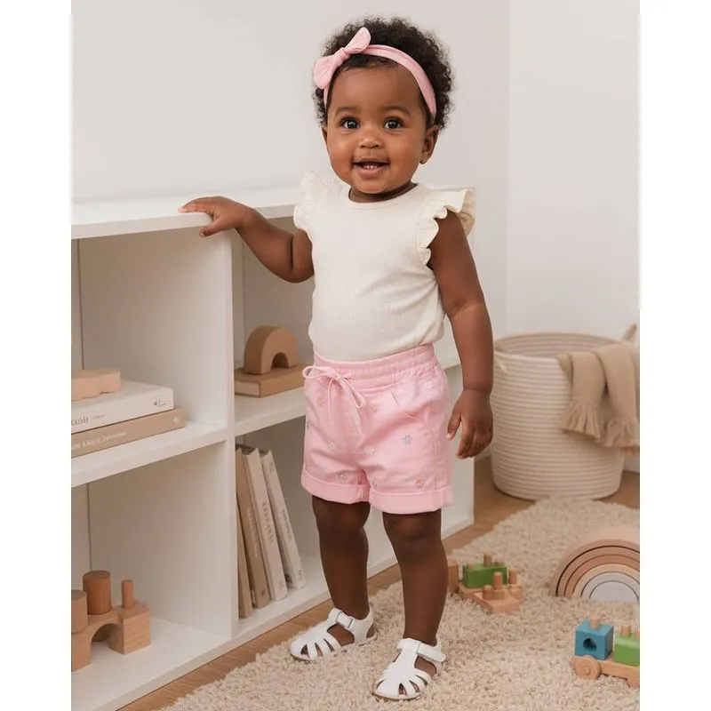 Short Jeans Bebê com Bordado Rosa P