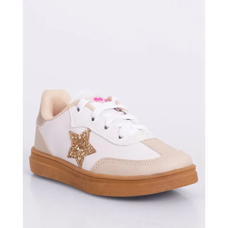 Tênis Infantil Flick Casual com Paetê Estrela Recortes Branco 28