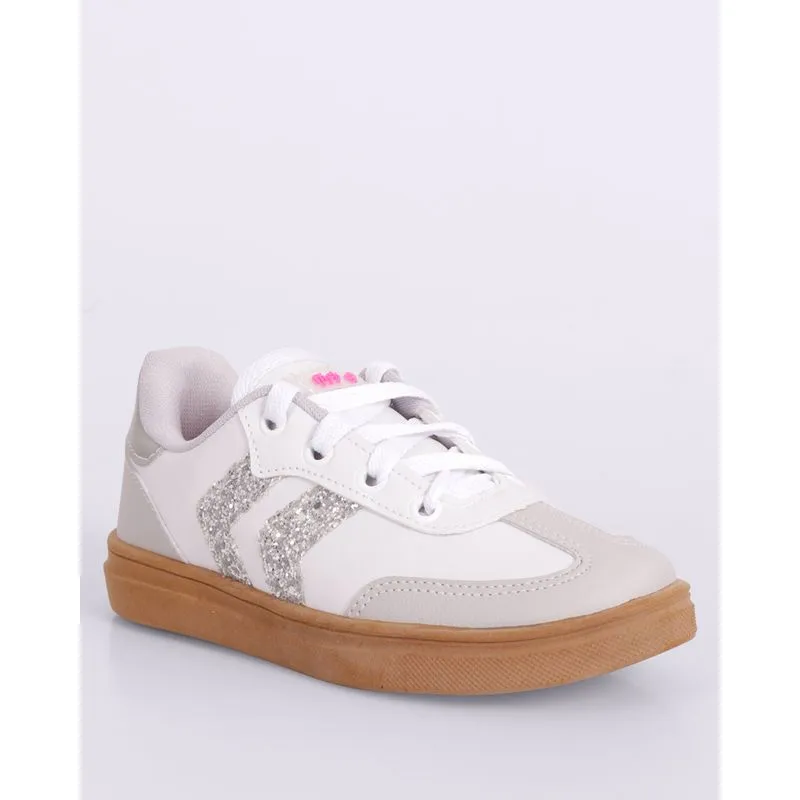 Tênis Infantil Flick Casual com Paetê Listras Recortes Branco 30