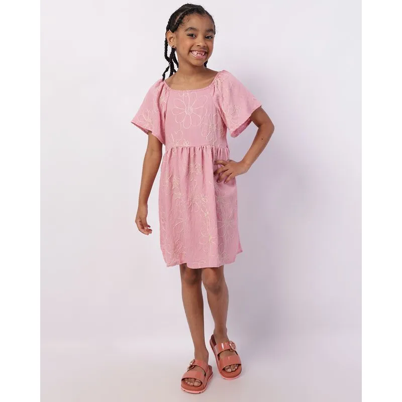 Vestido Infantil Curto Viscose Berry & Co. com Bordados Rosa 4