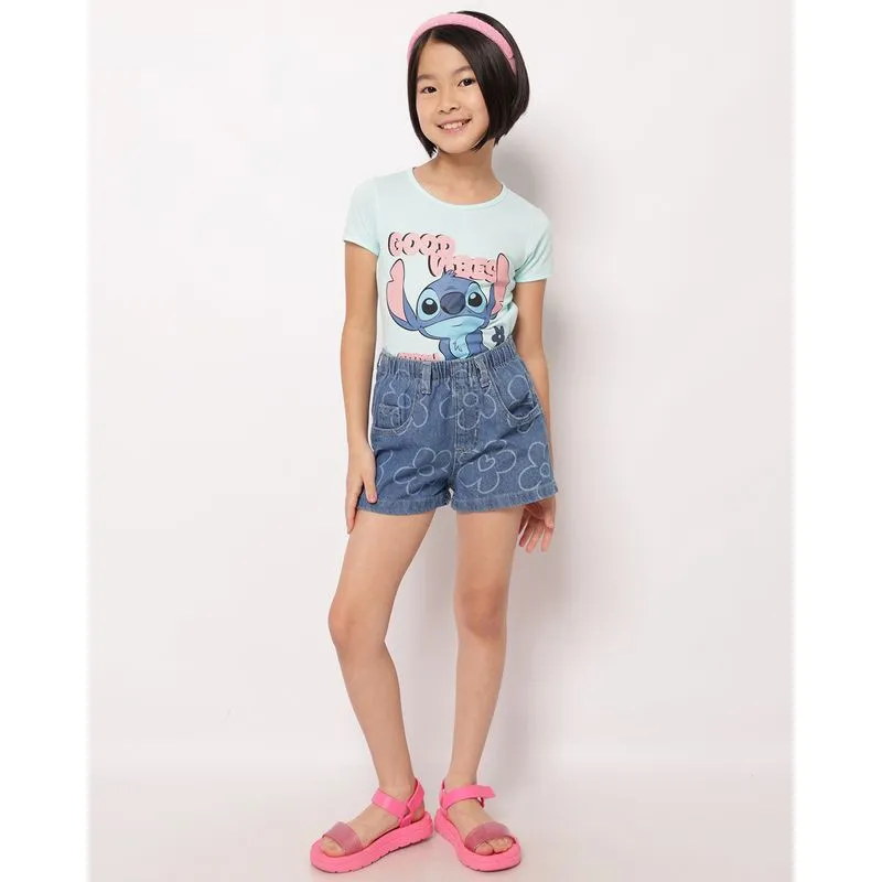 Short Jeans Infantil Curto Estampado Flores Cós com Elástico Azul 4