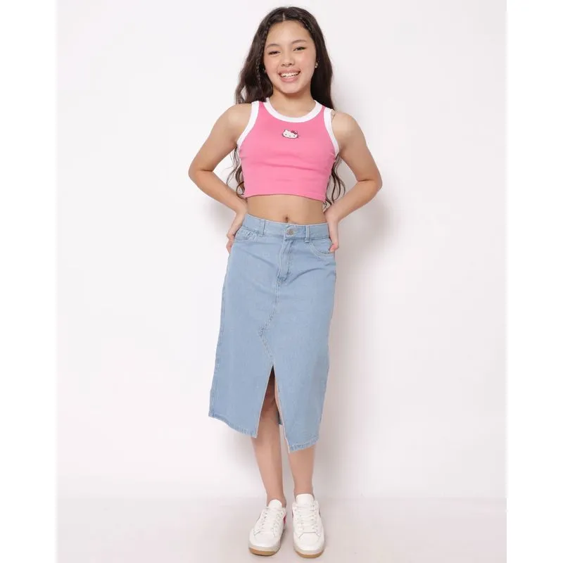 Saia Jeans Juvenil Midi com Bolsos Recorte Azul 14