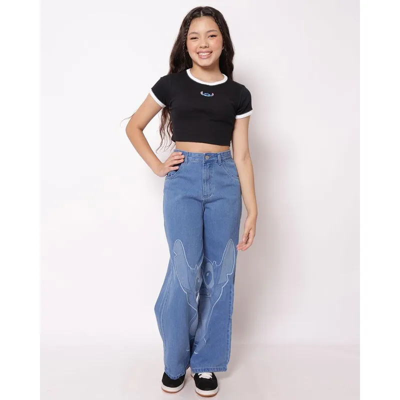 Calça Jeans Juvenil Wide Leg Estampa Disney Stitch Azul 6