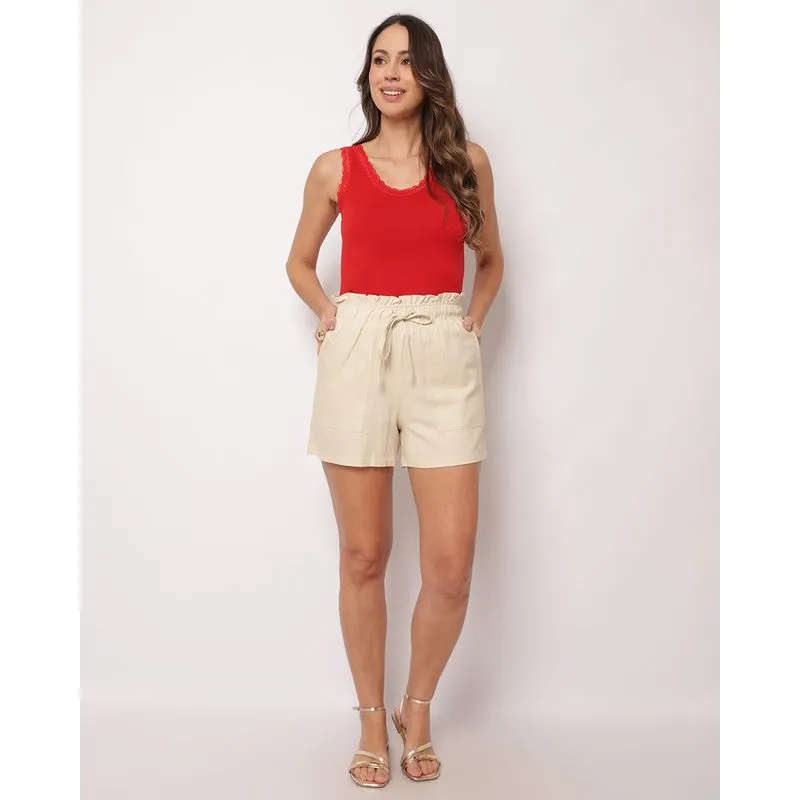 Short Feminino Viscolinho Bolsos Carpinteiro Bege M
