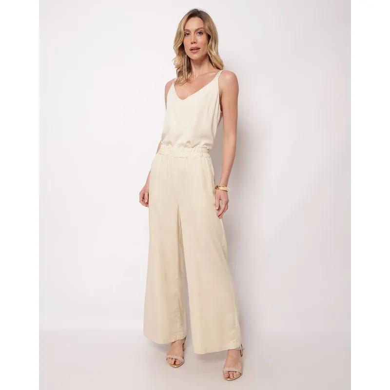 Calça Feminina Pantalona Viscolinho com Bolsos Bege G