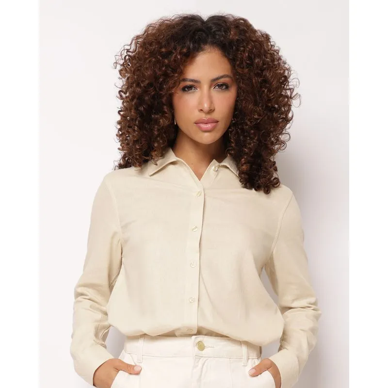 Camisa Feminina Viscolinho Manga Longa Bege GG