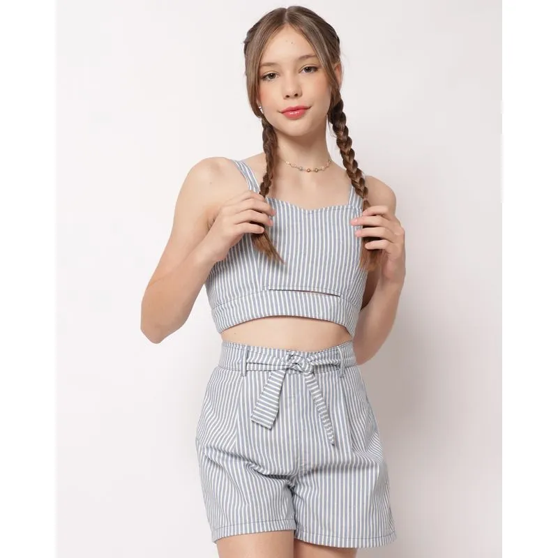 Conjunto Juvenil Listrado Cropped Vazado Lastex com Amarração Azul 12