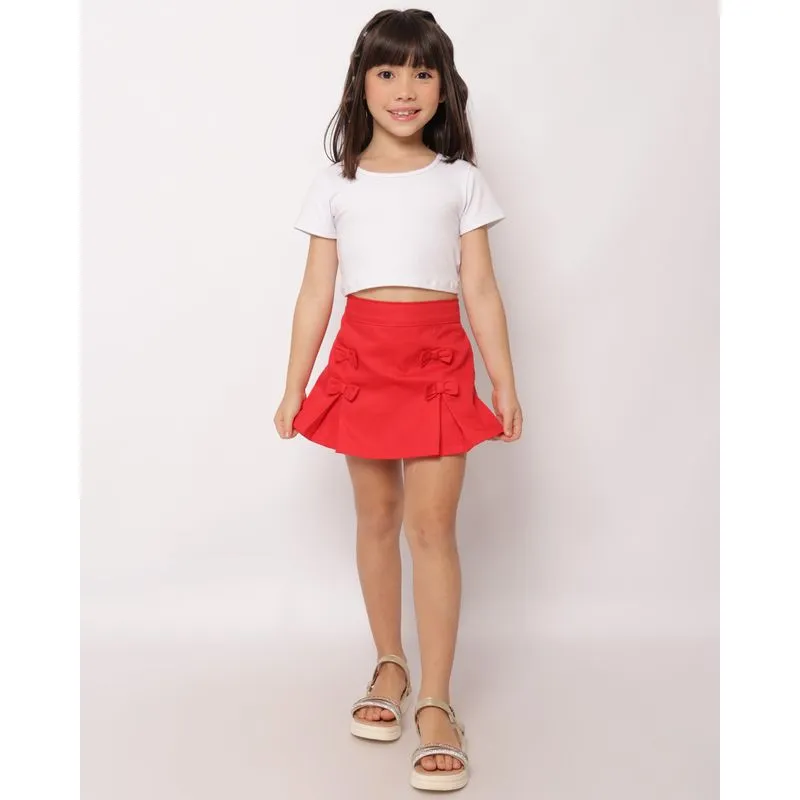 Short Saia Sarja Infantil com Pregas Laços Frontais Vermelho 6