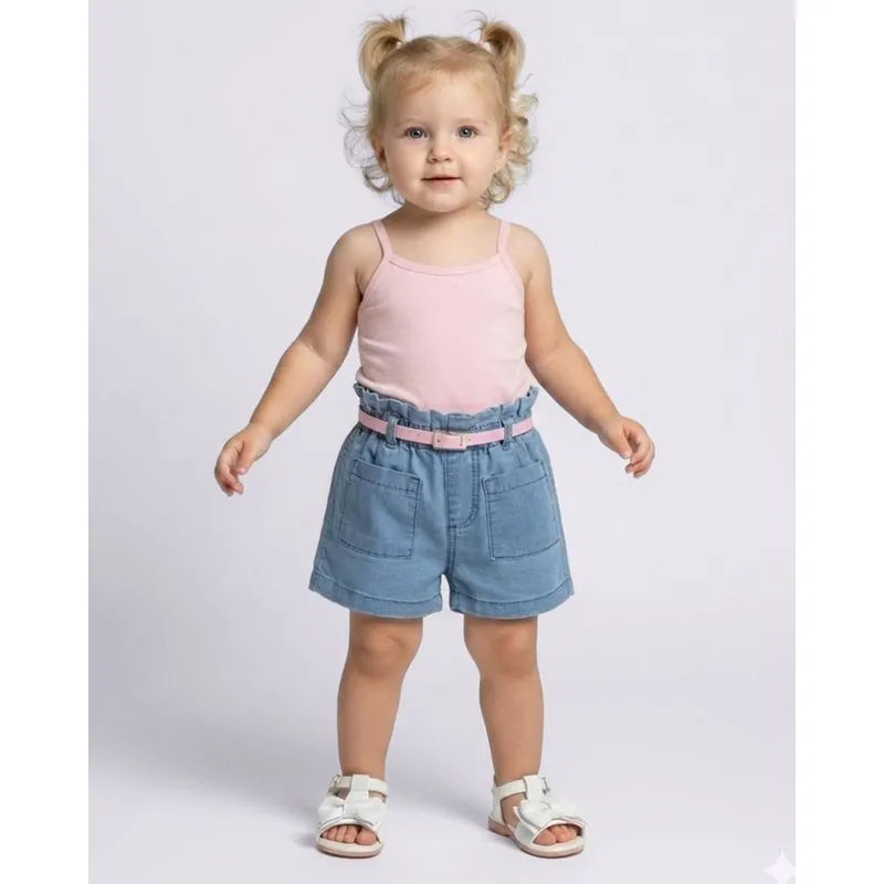 Short Jeans Bebê Curto Cós Alto com Cinto Bolsos Azul 3