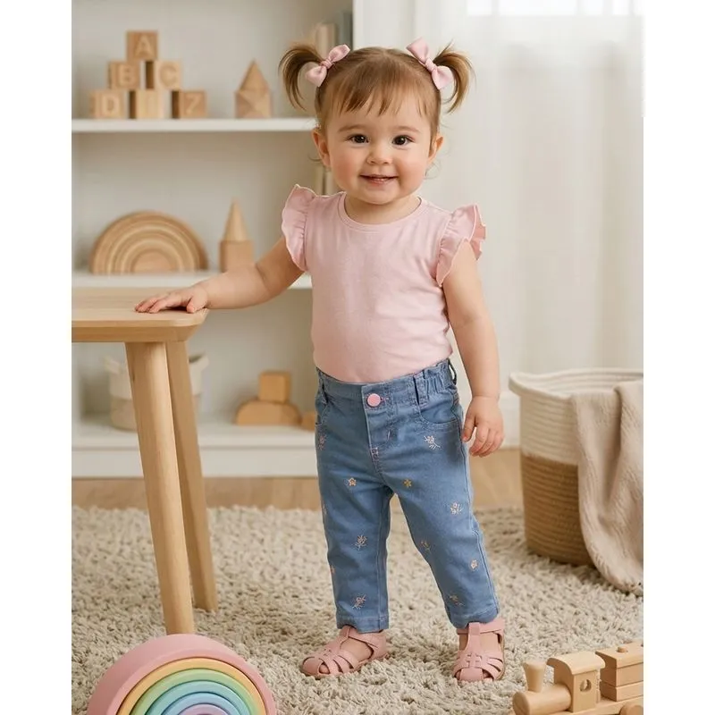 Calça Jeans Bebê Skinny com Bordado Flores Azul P