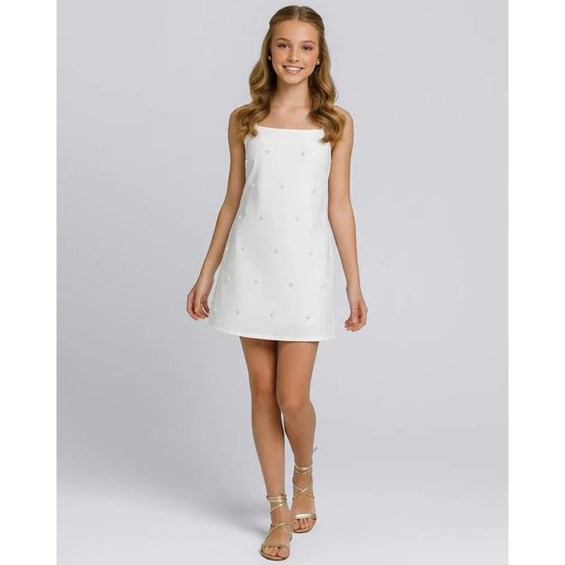 Vestido Juvenil Sarja Curto Aplicação Pérolas Off White 14