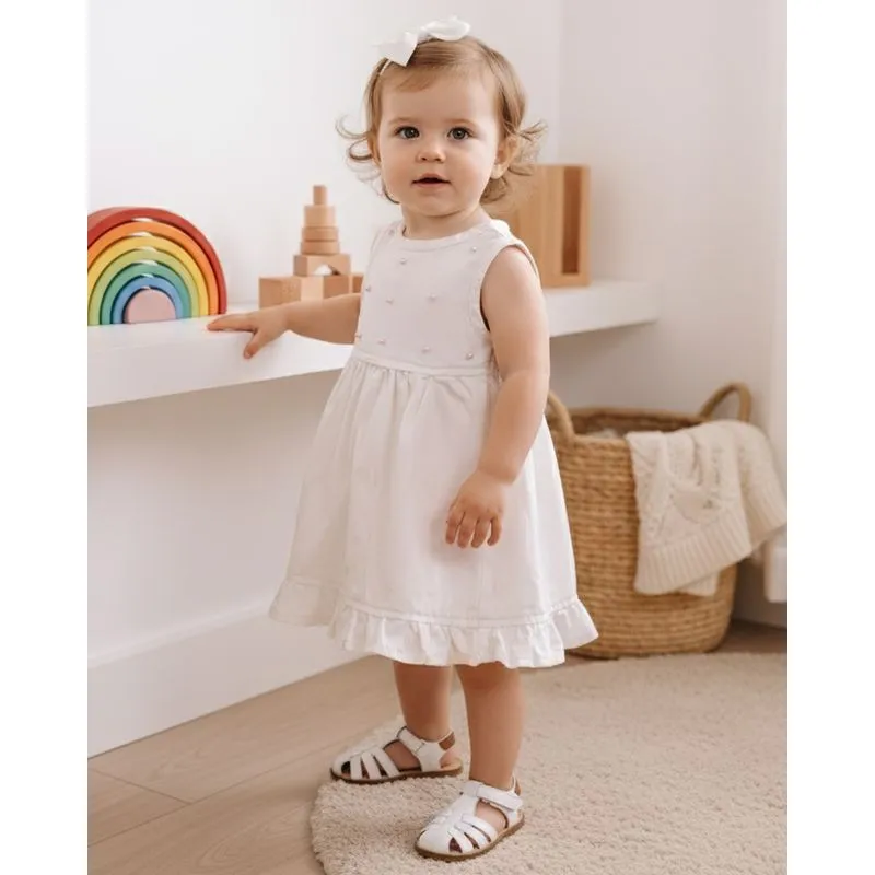 Vestido Bebê com Pérolas Aplicadas e Babado Branco M