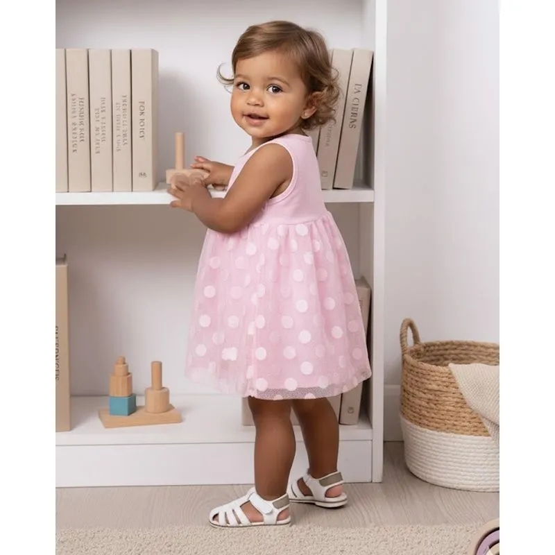 Vestido Bebê Curto Regata Sobreposição Tule Poá Rosa P