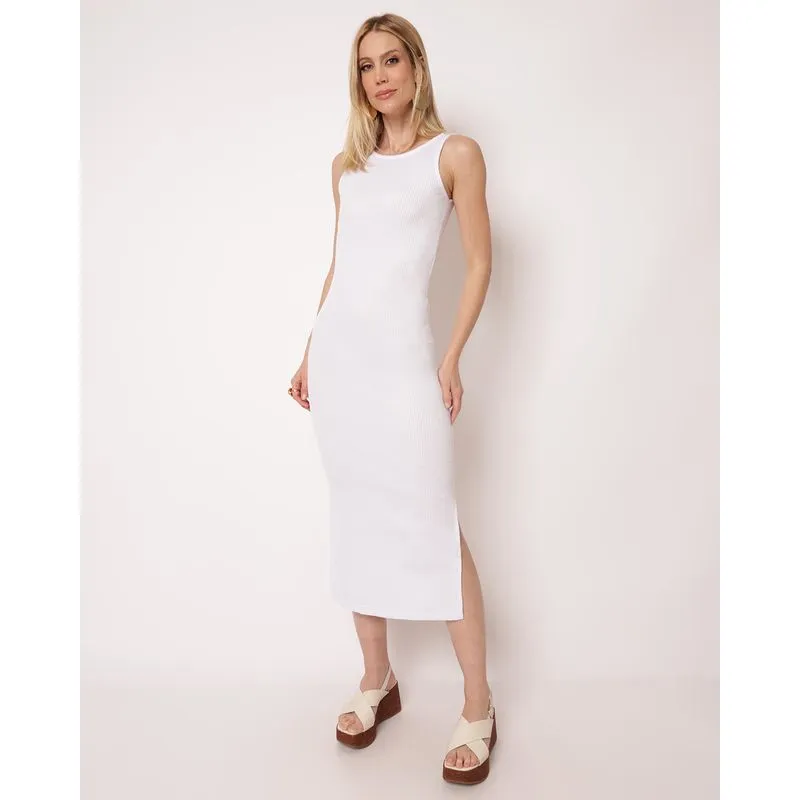 Vestido Feminino Regata Midi Canelado com Fenda Branco P
