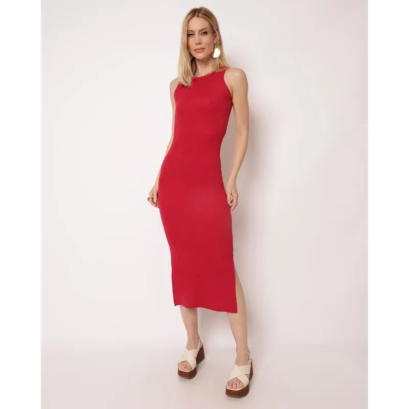 Vestido Feminino Regata Midi Canelado com Fenda Vermelho M