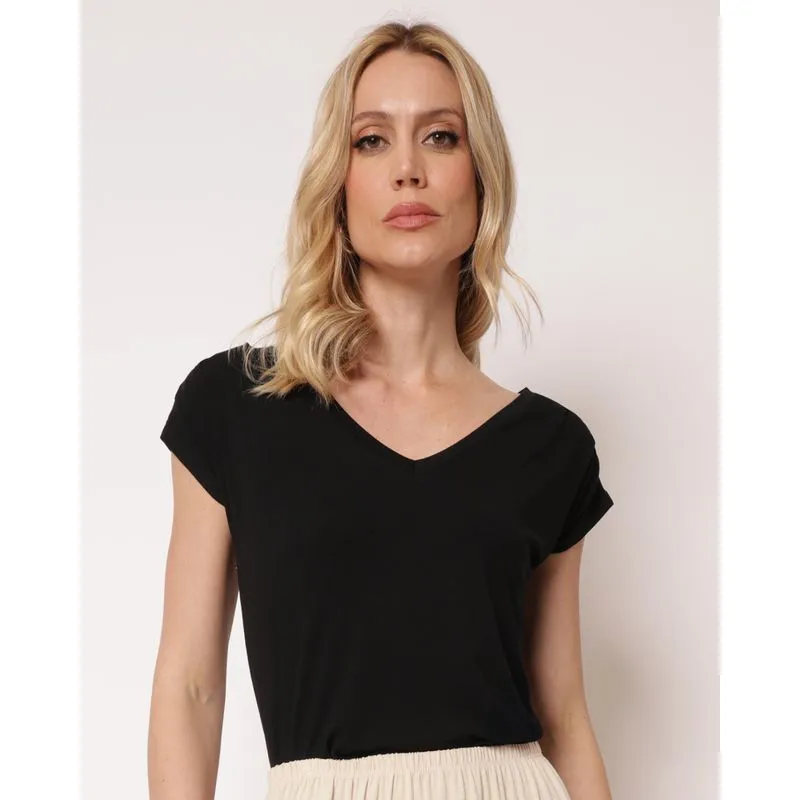 Blusa Feminina Manga Curta com Pregas Lisa Preta M