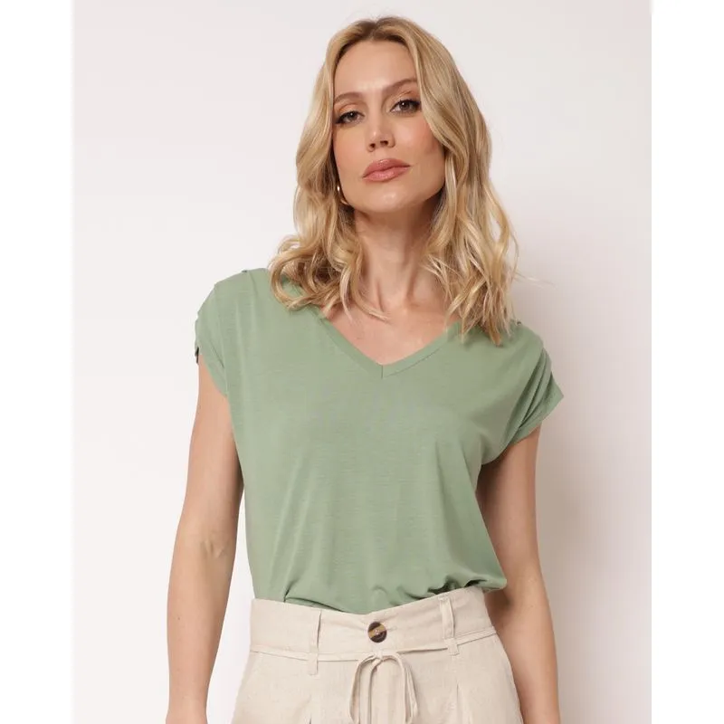 Blusa Feminina Manga Curta com Pregas Lisa Verde P