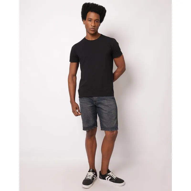 Bermuda Jeans Masculina Reta com Bolsos Puídos Azul 42