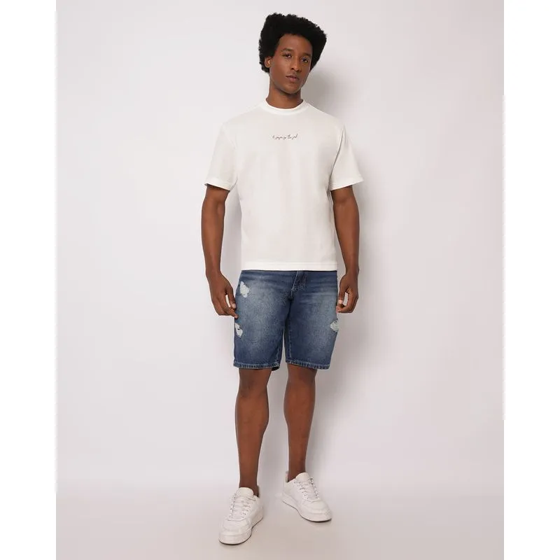 Bermuda Jeans Masculina Reta com Puídos Azul 48