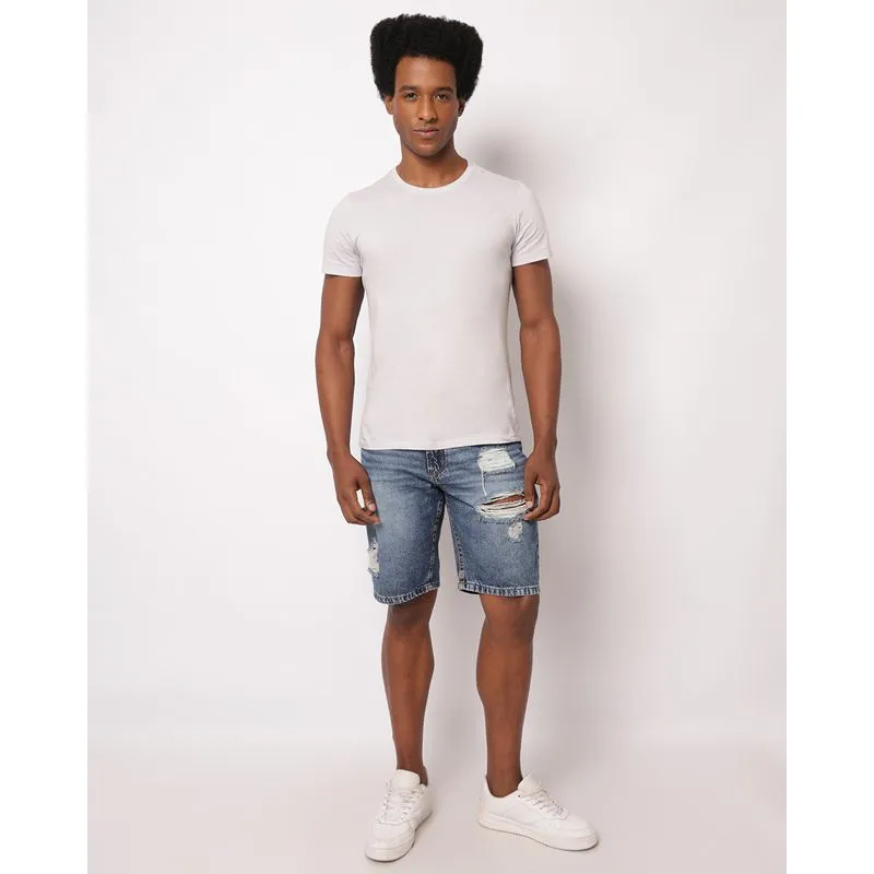 Bermuda Jeans Masculina Reta Marmorizada Destroyed Azul 48