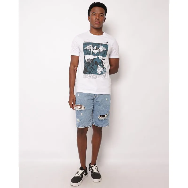 Bermuda Jeans Masculina Reta com Bolsos Puídos Azul 38