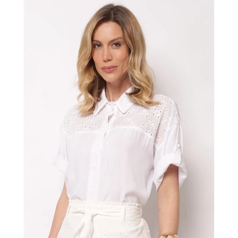 Camisa Feminina com Laise Manga 3/4 Branca P