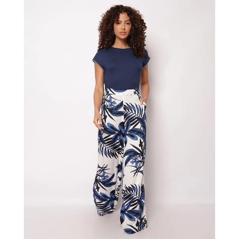 Calça Feminina Pantalona Viscose Estampada Azul GG