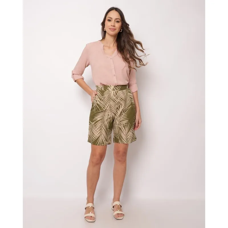 Bermuda Feminina Viscose Estampada Lurex com Bolsos Verde GG