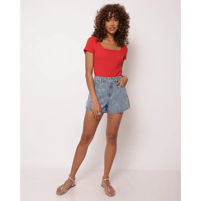 Body Feminino Canelado Manga Curta Vermelho P