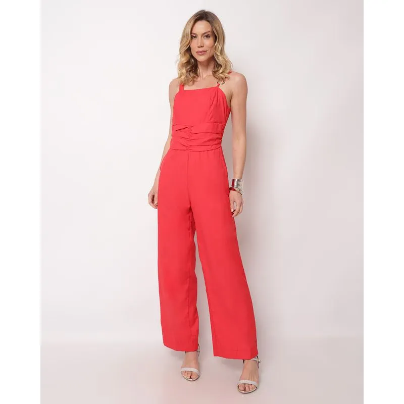Macacão Feminino Longo com Franzidos Vermelho GG