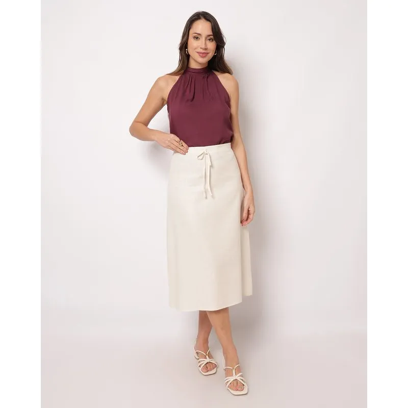 Saia Feminina Midi Viscolinho Bege P