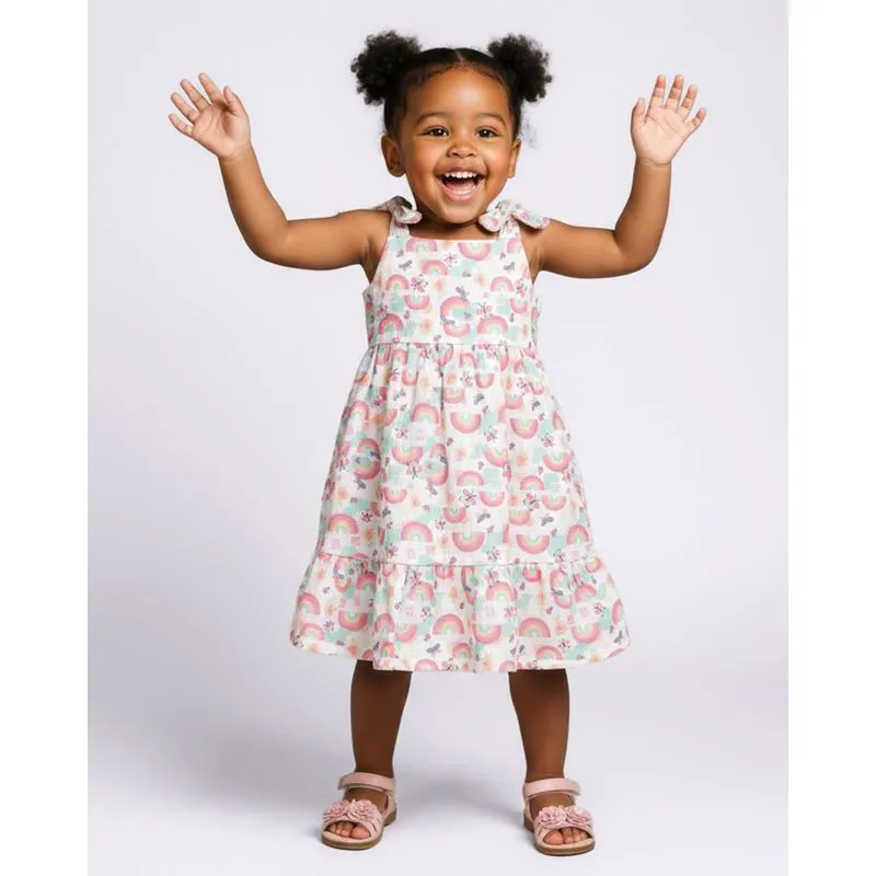 Vestido Bebê Estampado Arco-Íris com Amarração Branco 1