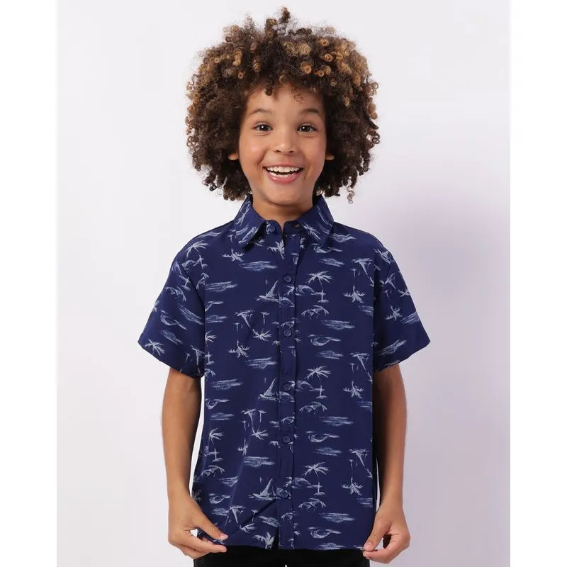 Camisa Infantil Estampada Tropical Manga Curta Marinho 4