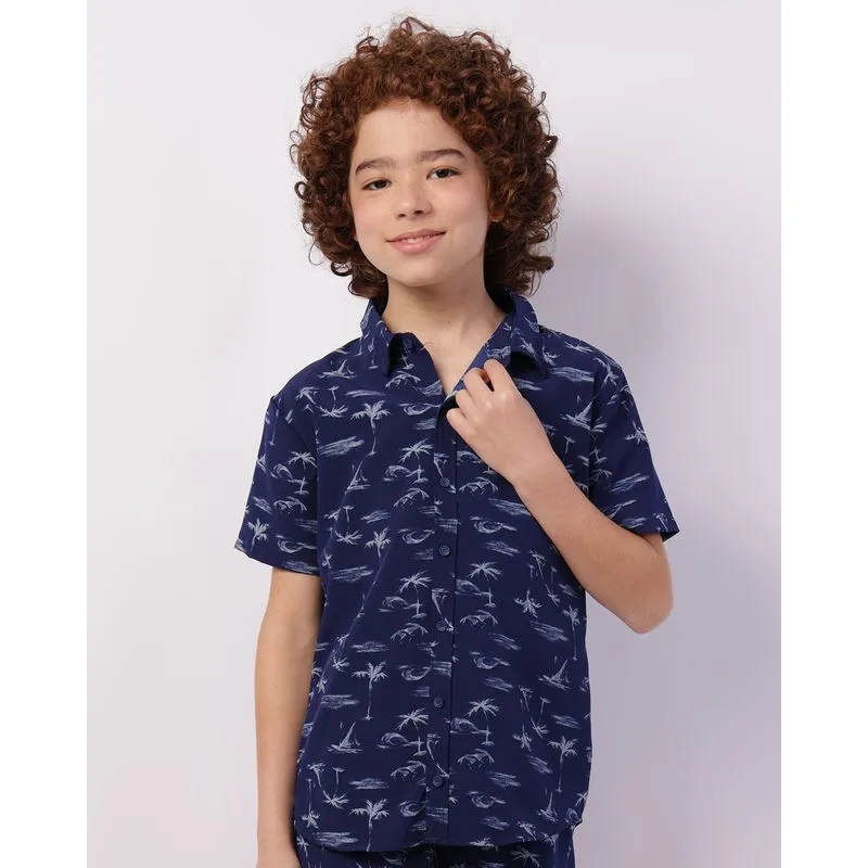 Camisa Juvenil Estampada Tropical Manga Curta Azul 14
