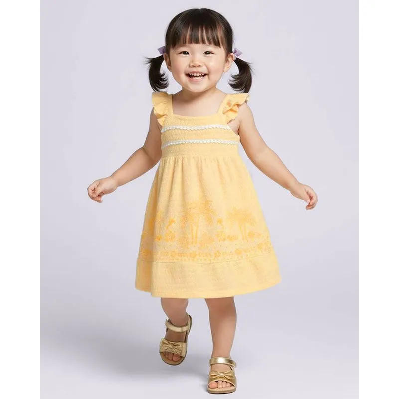 Vestido Bebê Algodão Texturizado Alças com Babados Tropical Amarelo 4