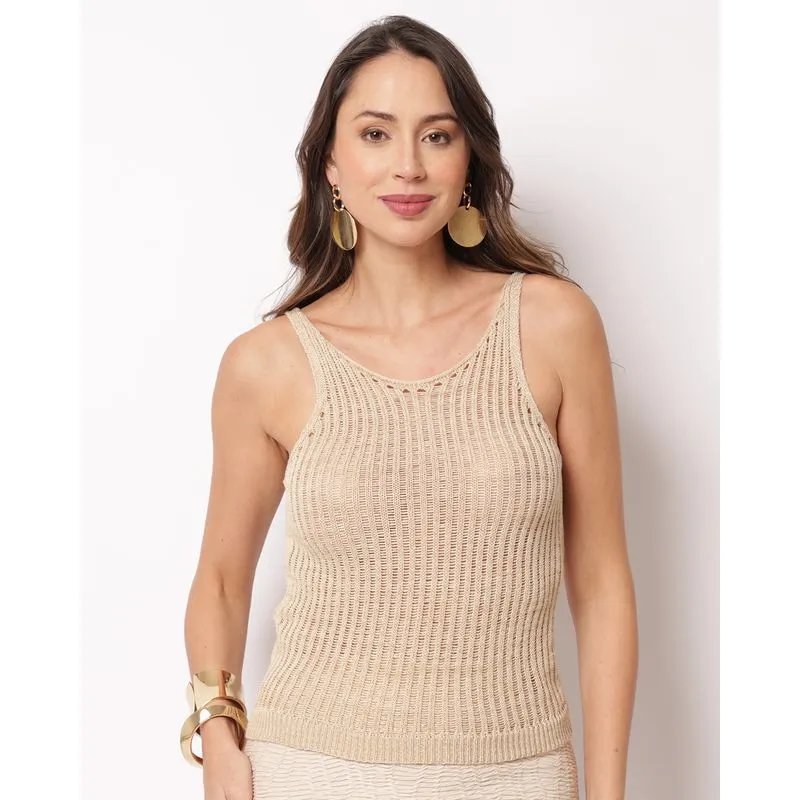 Regata Feminina Tricô com Fio Lurex Bege GG