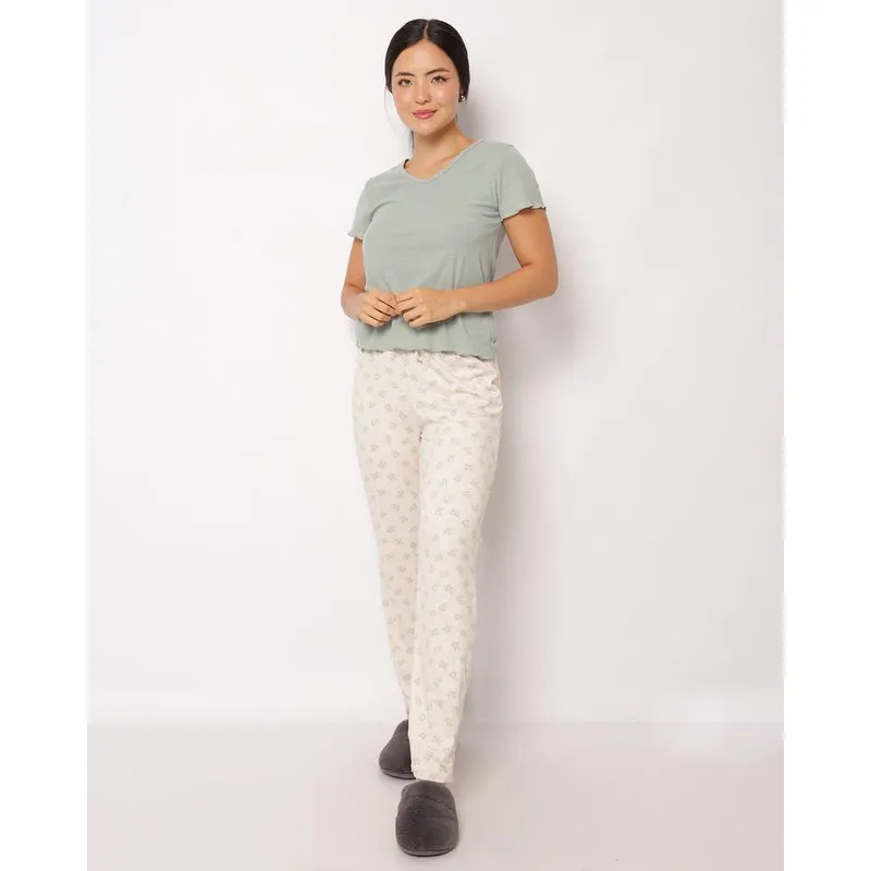 Calça Pijama Suede Feminina Avulsa Estampa Floral Off White G